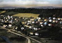 Eggebogen 1961. Bogavegen krysser jernbanesporet som gikk til Bogakaia. De eldste husene ligger langs Bogavegen. Mellom Bogavegen og evja skimtes «Rampa». Her ble tømmerstokkene trukket opp fra sjøen og kjørt til saging. Foto: Knut S. Berg.