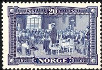 Riksforsamlingen på Eidsvoll. Første norske graverte frimerke etter Oscar Wergelands maleri fra 1885