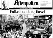 Faksimile fra Aftenposten forside 26. september 1987: Einar Gerhardsens bisettelse.