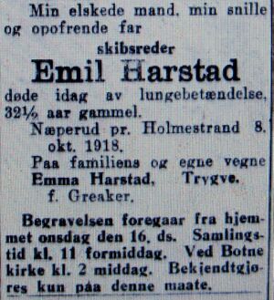 Emil Harstad dødsannonse Aftenposten 1918.JPG