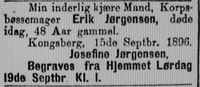 Aftenposten 17.09.1896: Dødsannonse Erik Jørgensen.