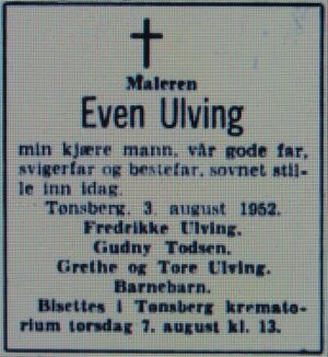 Even Ulving dødsannonse Aftenposten 1952.JPG