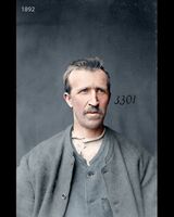 Ole Evensen Bjerke, forbryterportrett i 1892 hos Kristiania politikammer. Ole har sittet inne på Akershus straffeanstalt i 2 år for tyveri Foto: Digitalt fargelagt (originalbilde hos Justismuseet)