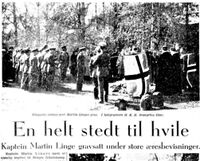 Faksimile fra Aftenposten 15 mai 1946: Gjenbegravelsen av Martin Linge.