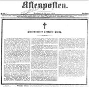 Faksimile fra Aftenpostens forside 9. juni 1884: Frederik Stangs død.