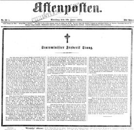 Faksimile fra Aftenpostens forside 9. juni 1884: Fyldig nekrolog over Frederik Stang.