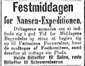Faksimile fra Aftenposten 9. september 1896: Informasjonsannonse om festmiddagen i Gamle Logen for den første Fram-ekspedisjonen dagen etter.