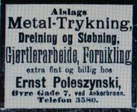 Faksimile fra Aftenposten 10. juni 1897: Annonse for Poleszynskis kunst- og metallstøperi i Øvre gate 7 i Kristiania