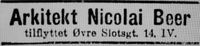 Faksimile Aftenposten 3.11.1915: Annonse for Beers flytting av kontor til Øvre Slottsgate 14.