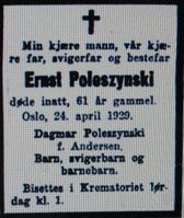 Dødsannonse for Poleszynski i Aftenposten 25. april 1929.