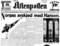 Faksimile fra Aftenposten ifm. Nansens bisettelse fra aulaen 17. mai 1930.