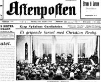 Faksimile fra Afenpostens forside 21. oktober 1925: Omtale av Krohgs bisettelse fra Nasjonalgalleriets foredragssal dagen før.
