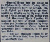 Faksimile fra Aftenposten 22. juli 1878, utsnitt av omtale av Ulysses S. Grants besøk på Kongsberg.