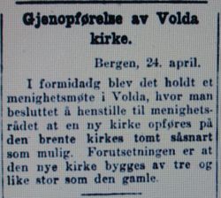 Notis i Aftenposten 25. april 1929 om gjenoppføringa av Volda kyrkje.