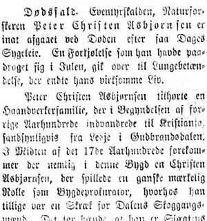 Faksimile Aftenposten 6 jan 1885 Asbjørnsens død.JPG