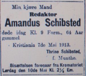 Faksimile Aftenposten 8. mai 1913 Schibsted dødsannonse.JPG