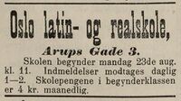 Faksimile Dagbladet 16.08.1886: Annonse for Oslo latin- og realskole i Arups gate 3.