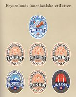 Faksimile av etiketter fra 1959. Foto: Faksimile fra boken "Frydenlunds bryggeri 100 år" (1959)