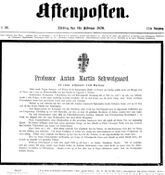 Faksimile fra Aftenpostens forside 1. februar 1870: Anton Martin Schweigaards død.
