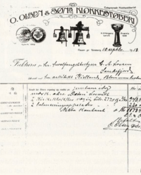 Faktura kirkeklokker fra O. Olsen Klokkestøberi kr. 1173,50.