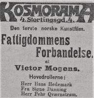 Annonse for filmen Fattigdommens forbandelse på Kosmorama. Annonse fra Dagbladet 8. oktober 1911.