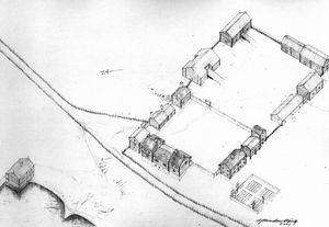 Rekonstruksjonen viser Fossesholm herregård i 1652 etter samtidig beskrivelse. Tegnet av arkitekt Lars Jacob Hvinden-Haug. ©E. Sørensen - L.J. Hvinden-Haug.