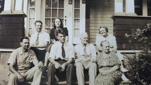 1939: Fredrik and Kristine of Vik visiting their children in the New York area (either Brooklyn or Staten Island) in 1939 - from left to right: son Hans, son Arnold, Arnold's wife Anna, son Ingart, Fredrik, Anna Kristine, and Hans's wife Stine.