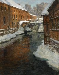 Fabrikkbygningen til venstre for Akerselva på maleriet «Fra Akerselven» (1897-1901) av Frits Thaulow Foto: Sotheby's/privat eie