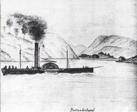 Tegning av båt på Rorevannet, kanskje "Roretrollet".