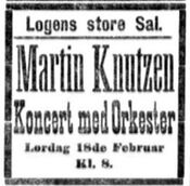 Faksimile fra Aftenposten 28. januar 1899: Annonse for konsert med Martin Knutzen med orkester i Logens store sal.