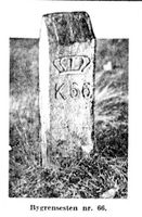 Grensestein nr. 66 sto vest for Bjølsen gård. Faksimile fra Aftenposten 21. november 1931. Steinen er tapt.