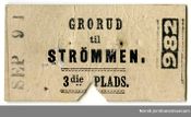 Billett for 3. klasse Grorud-Strømmen 1891. Kilde: Jernbanemuseet