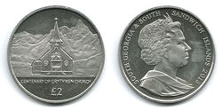 Grytviken £2 minnemynt fra 2013 har kirken fra Strømmen på forsiden og dronning Elisabeth av Storbritannia på baksiden.