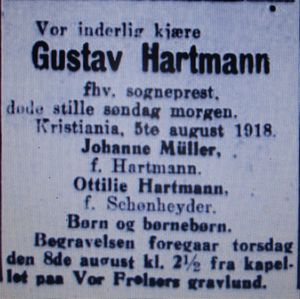 Gustav Hartmann prest dødsannonse Aftenposten 1918.JPG