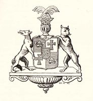 Gyldenpalms våpen fra 1781 har felter med kors og krone fra Hagerups slektsvåpen. Skjoldholdere: Ulv og gaupe som står på et postament.