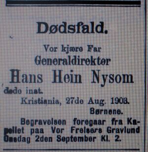 Hans Hein Theodor Nysom dødsannonse Aftenposten 1903.JPG