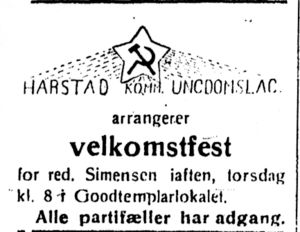 Harstad Kommunististiske ungdomslag fest annonsert i Folkeviljen 5.10. 22.jpg