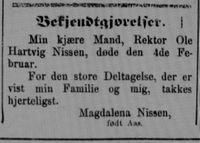 Bekjentgjørelse i Aftenposten 12. februar 1874 vedrørende Hartvig Nissens død.