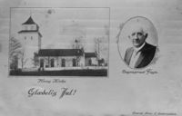 Julekort med Haug kirke og sogneprest Faye.