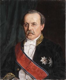 Henrik Laurentius Helliesen i sort statsrådsuniform med storkors av St. Olavs Orden og den svenske Nordstjerneordenen. Maleri: Peder Nicolai Arbo (ca 1880)