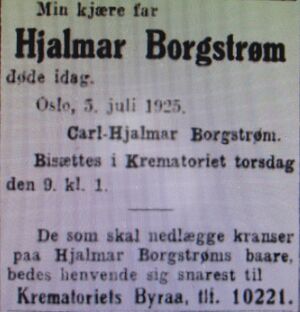 Hjalmar Borgstrøm dødsannonse Aftenposten 1925.jpg