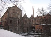 Beierbrua går fra de gamle arbeiderstrøkene på østsida av elva til fabrikkene på vestsida. Her Hjula Væverier med brua i forgrunnen. Foto: Stig Rune Pedersen (2012)