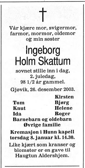 Ingeborg Holm Skattum dødsannonse i Aftenposten, 30.12.2003, s. 19.png