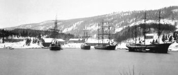 Det var mye stein som skulle til for å gjøre en seilskute uten last trygg å seile. På dette bildet fra ca. 1885-1890 fra den innerste delen av Nærsnesbukta, har seilskuta til høyre kvittet seg med ballasten og venter på last. Den ligger høyt i vannet og har kraftig reduserte seilegenskaper i forhold til skuta bak, som har last og er godt sjødyktig. Bakenfor, inne på Flatstranda, ligger flere ishus og en isstabel. (Utsnitt av foto fra Røyken Historielag)