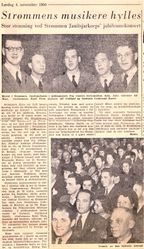 Reportasje fra Strømmen Janitsjarkorps' 15 års jubileumskonsert 1950. Viseformann Kjell Thon i midten, formannen Gudbrand Rasch til høyre.