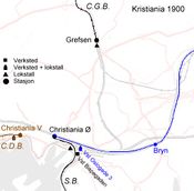 Jernbanelinjene ut fra Christiania i år 1900 var Hovedbanen og Smålensbanen fra Østbanestasjonen, Vestbanen fra Vestbanestasjonen og Nordbanen fra Grefsen.Kilde: Jernbanemuseet