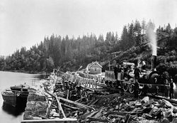 Damplokomotiv nr. 1 foran den gamle trebrua nord for Eidsvoll tunnel 1860. Kilde: Jernbanemuseet
