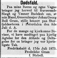 Dødsannonse for Johan Georg Boll Gram i Morgenbladet 23. juli 1873.