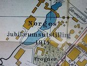 Utsnitt fra Kristiania-kart fra 1914 av Ivar Refsdal med jubileumsutstillingen avmerket.