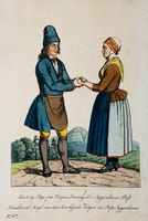 Karl og Pige fra Tolgens Præstegjeld i Aggershuus stift. Samtidig håndkolorert kobberstikk, 22x15,5cm København, Johannes Senn (1812-15)